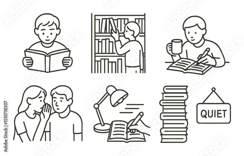 Library and study linear icon set. reading and education symbols collection