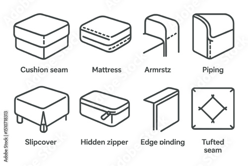 Furniture seam silhouette icon set. upholstery and stitching symbols for design