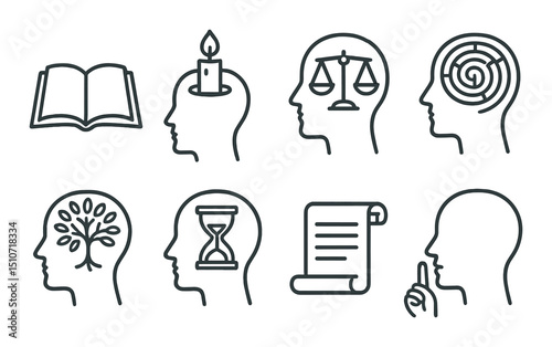 Psychology and mental health icon set. flat and cognitive therapy symbols