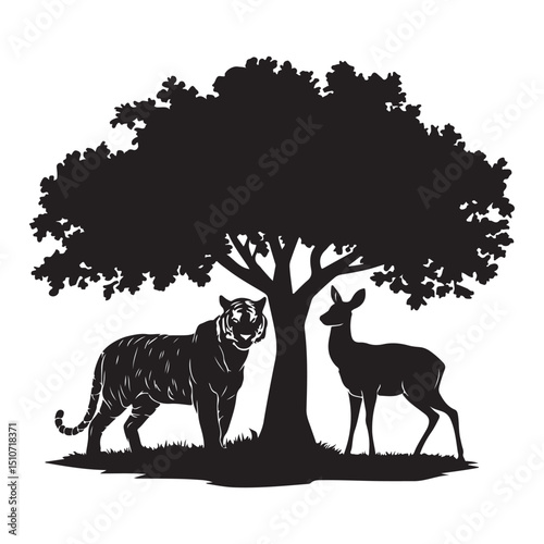 Tiger and deer under a tree silhouette