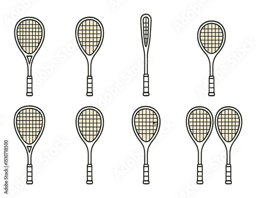 Squash racket icon set: flat style symbols for sports and racquet enthusiasts