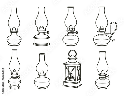 Vintage kerosene lamps icon set. linear style oil lamp and antique lighting symbols