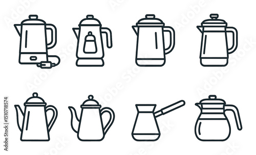 Coffee pot icon set in linear style. simple beverage and kitchenware symbols