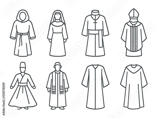 Diverse religions icon set in silhouette style. sacred attire and ceremonial garments