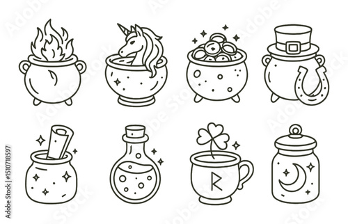 Mythical luck icon set: simple silhouette charms and fortune graphic symbols