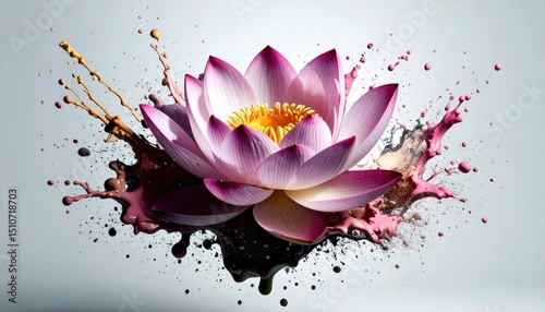 A pink lotus flower blooms at the center of a dramatic burst of colorful splashes, blending elegance and vibrant energy.