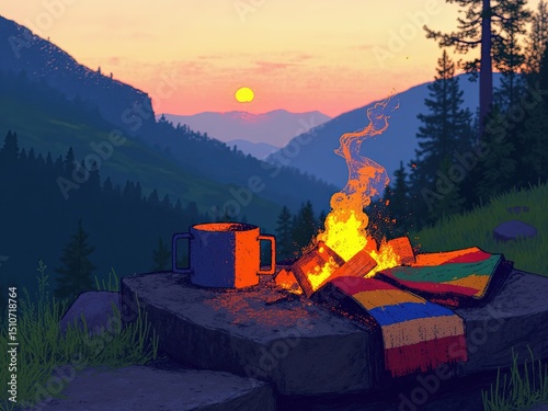 Sunrise Mountain Camp Scene with Steel Mugs and Crackling Fire – Misty Peaks and Cozy Wilderness Atmosphere