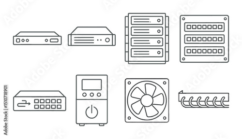 Server rack components icon set in flat style. data center and it infrastructure symbols