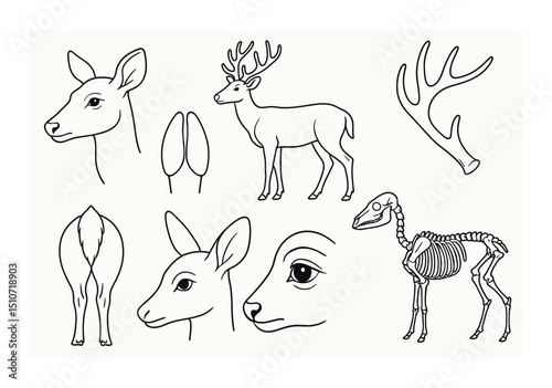 Deer anatomy icon set in linear style. wildlife, zoology symbols for educational use