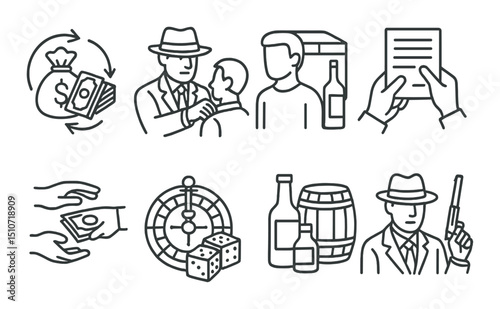 Mafia-themed linear icon set. crime, underworld, and organized gang symbols
