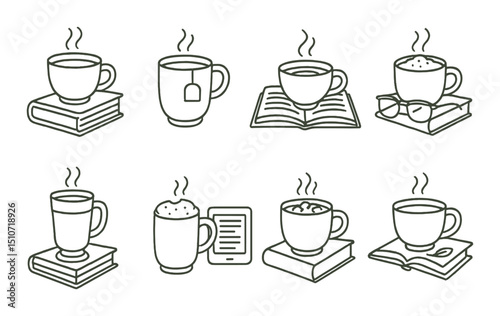 Book-themed linear icon set. reading and coffee relaxation symbols