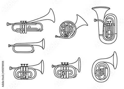 Brass instrument linear icon set. musical and orchestra symbol collection