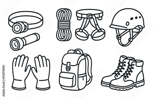 Cave exploration silhouette icon set. spelunking and adventure equipment symbols