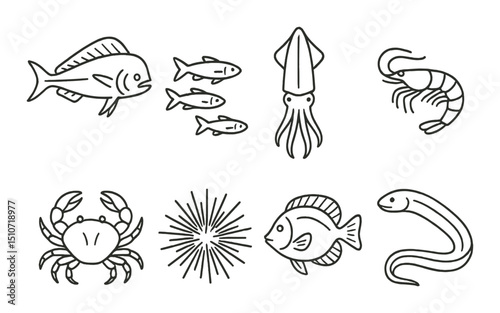 Marine life linear icon set. oceanic food chain and aquatic species symbols