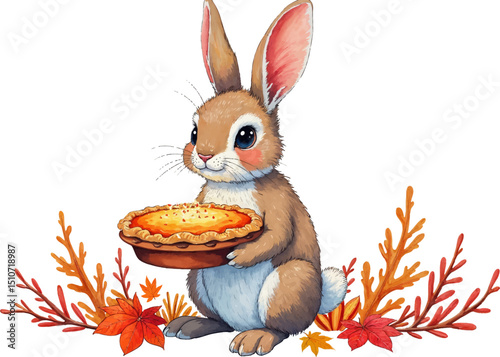 Charming bunny holds a warm pie amid colorful autumn leaves for a delightful Thanksgiving celebration, kids illustration