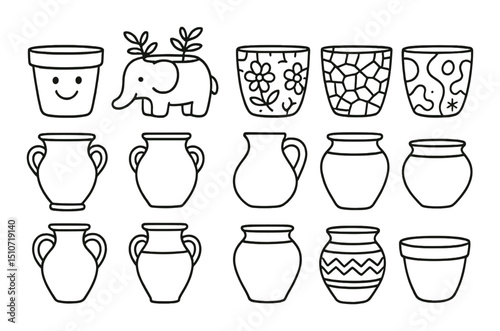 Traditional pots icon set with a simple linear style. artistic pottery symbols