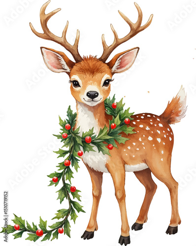 Charming little deer adorned with a festive garland twinkling in soft colors, perfect for joyful holiday celebrations, kids illustration