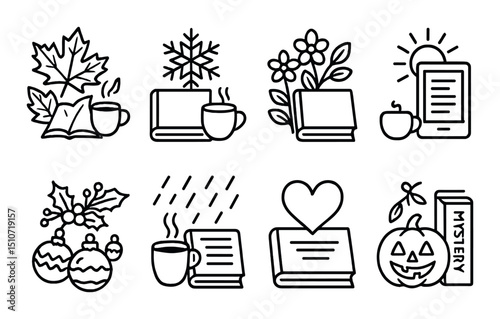 Seasonal reading silhouette icon set. literary and book-themed symbols