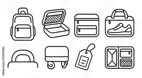 Luggage and travel linear icon set. baggage and suitcase symbols for journeys