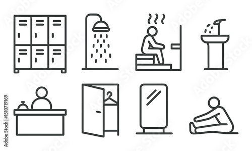 Gym facility icon set: simple linear style. fitness and workout facility symbols