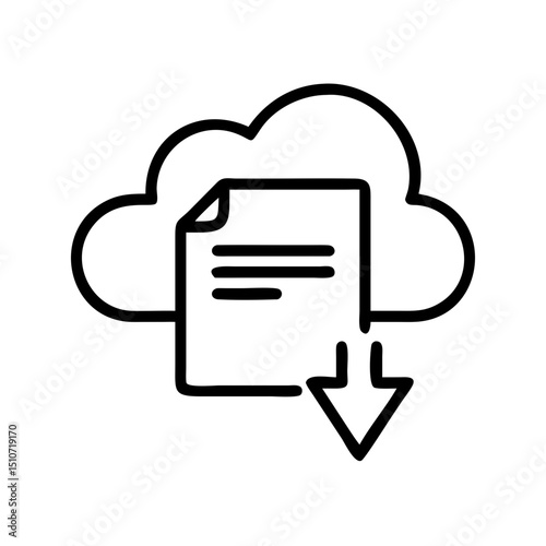 Icon of cloud storage icon with a document and download arrow for data management and sharing