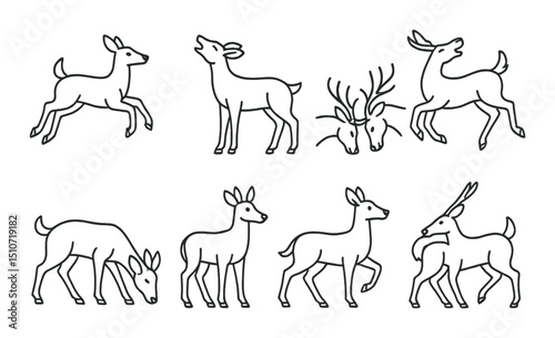 Deer behavior silhouette icon set. wildlife and nature graphic symbols