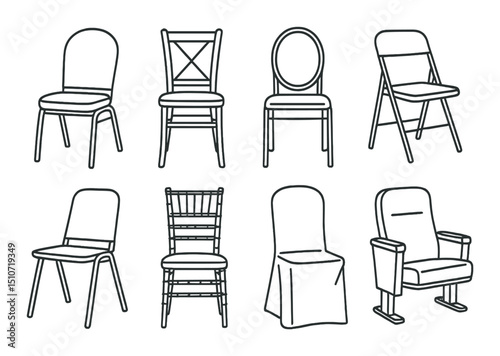 Seating solutions linear icon set. event and chair styles for venues