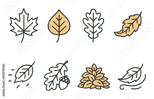 Autumn leaves icon set: flat style foliage and seasonal symbols for design