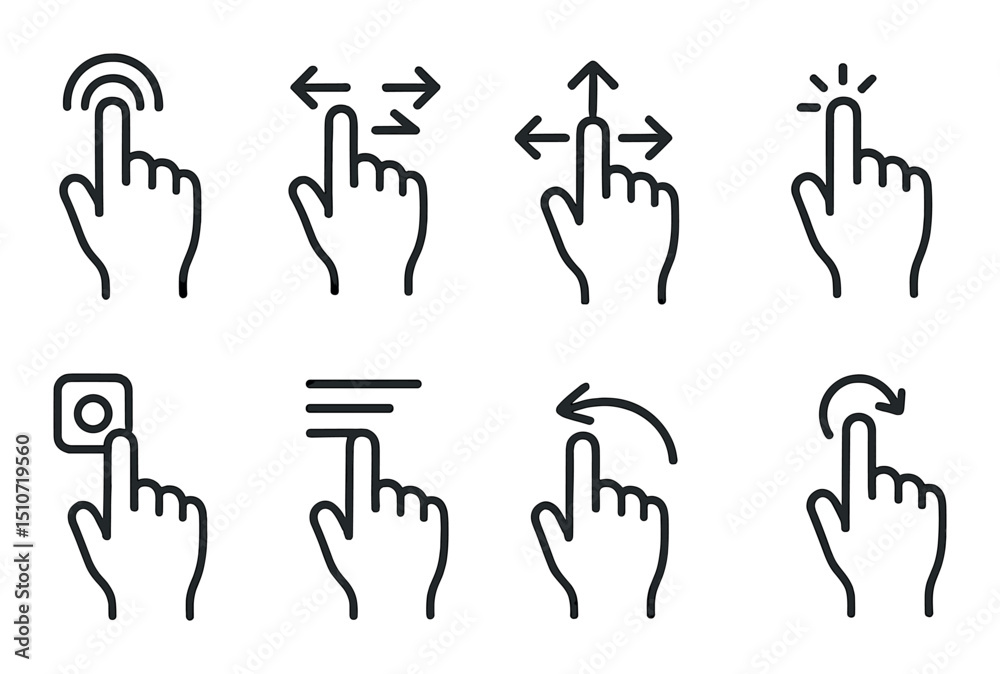 Touchscreen gesture icon set: flat style, hand movements, interface symbols