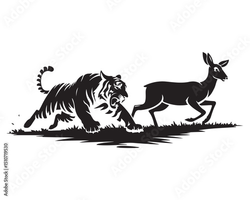 Tiger Chasing Deer Silhouette in the Jungle