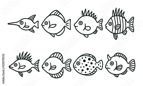 Fish linear icon set. aquatic and marine life symbols for simple designs