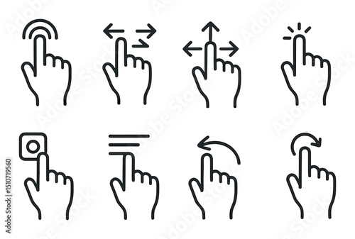 Touchscreen gesture icon set: flat style, hand movements, interface symbols