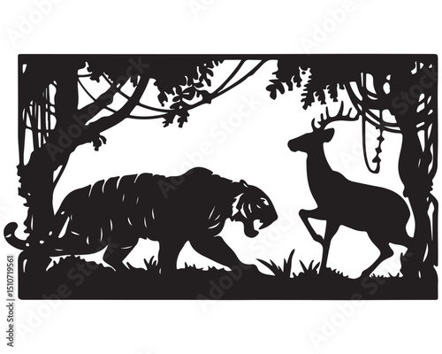 Tiger Chasing Deer Silhouette in the Jungle