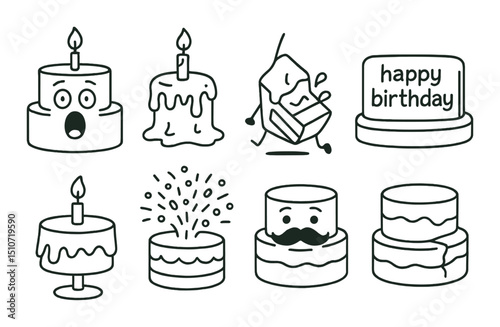 Whimsical cake icon set in linear style. playful and festive birthday designs