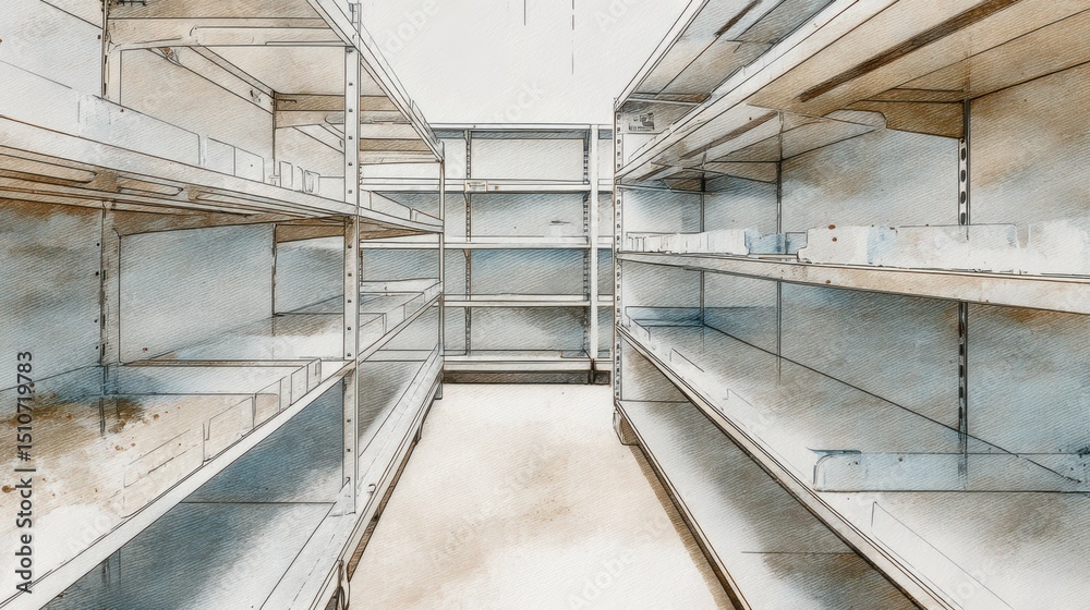 Fototapeta premium Empty Shelves in a Store Interior Depicting Abandonment and Lack of Stock with Artistic Touch