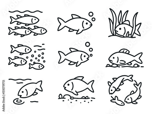 Marine life linear icon set. ocean, aquatic symbols for sea-based themes