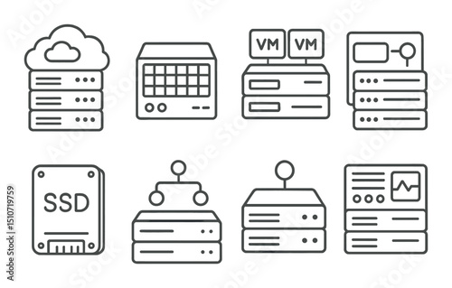 Cloud infrastructure icon set in silhouette style. data, servers, and network graphics