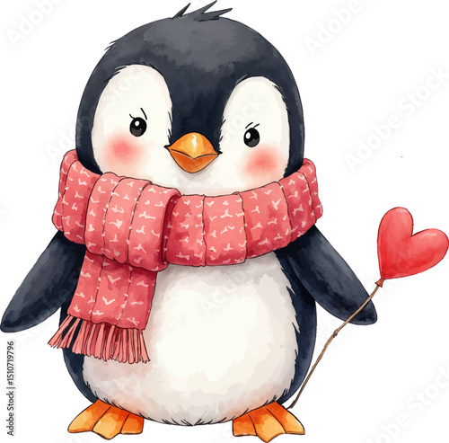 Charming watercolor illustration of a penguin wearing a cozy scarf for Valentine's Day celebration, kids illustration