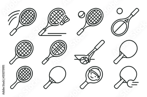 Sports racket linear style icon set. tennis and badminton symbols for recreation