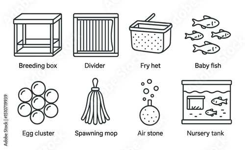 Fish breeding essentials icon set in linear style. aquaculture and aquarium symbols