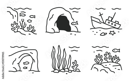 Diving adventure linear icon set. underwater exploration and diving symbols