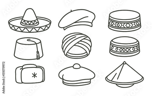 Global hat icon set in linear style. headwear, cap, and traditional hat symbols