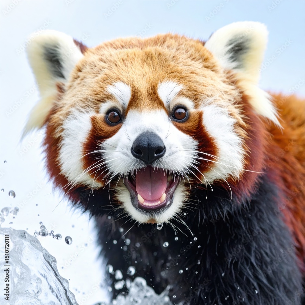 Excited red panda with open mouth splashes water playfully, showing its wet fur and vibrant facial markings in close-up detail. Excited red panda with open mouth splashes water playfully, showing its wet fur and vibrant facial markings in close-up detail.