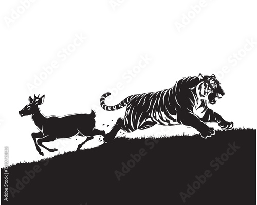 Tiger Chasing Deer Silhouette in the Jungle