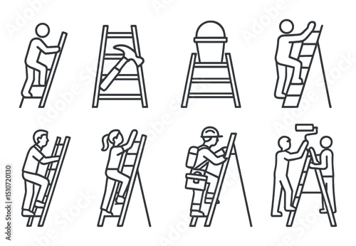 Ladder safety linear icon set. climbing precautions and construction symbols