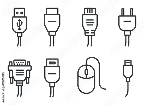 Cable and connector icon set in silhouette style. wire and plug symbols