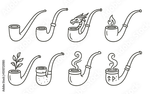 Vintage pipes silhouette icon set. fantasy smoking pipe graphics and symbols