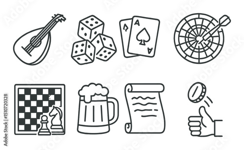 Game night linear icon set. board games, card games and fun night symbols