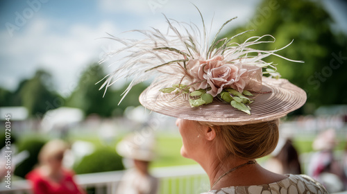 Elegant Woman in Floral Hat at Royal Ascot Festival, Iconic British Horse Racing Event Celebrating Fashion, Sophistication, and High Society Traditions in the Summer Sunshine