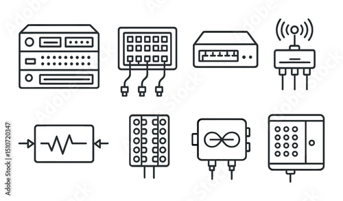 Telecom equipment icon set in linear style. communication and network symbols